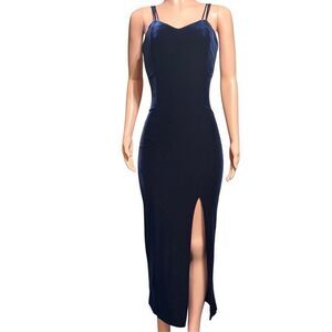 Women's navy blue velvet maxi dress with crisscross back and front slit S